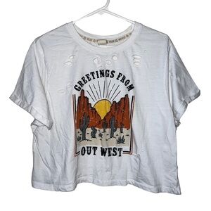 Recycled Threads “Greetings From Out West” Distressed Cropped Tee Size XL